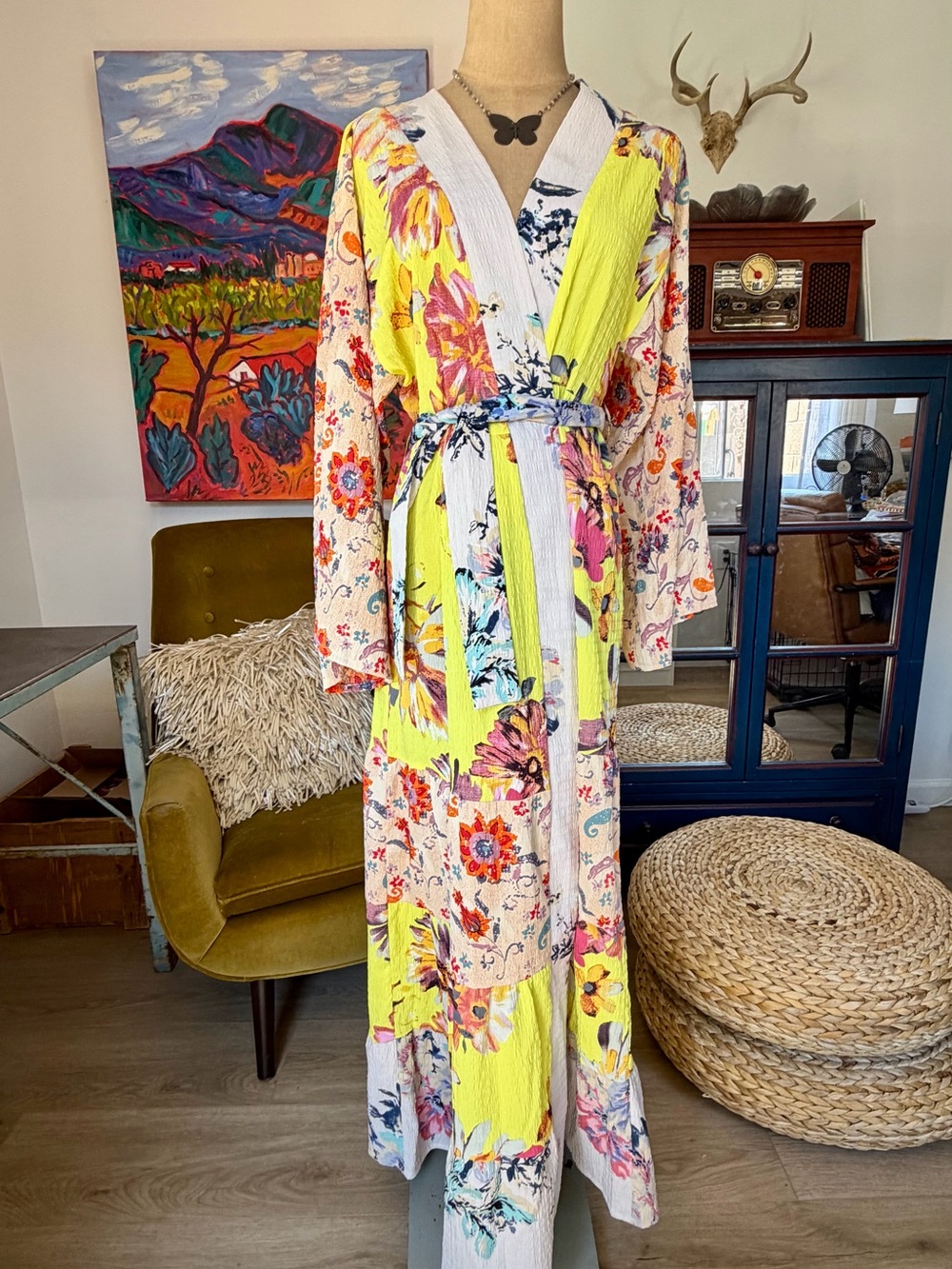 Anthropologie Yellow & Multi Floral Patchwork Boho Kimono
